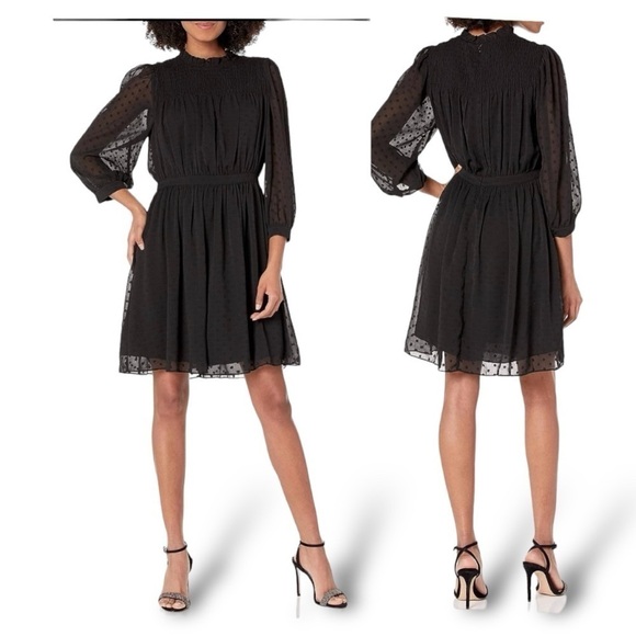 REBECCA Taylor Clip Dot Shirt Long Semi Sheer Sleeve Mini Dress NEW size 6 - Picture 4 of 11